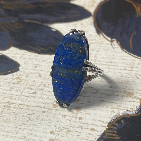 Vintage 925 Sterling Silver and Large Blue Lapis Lazuli Stone Silver Ring D2 - Picture 1 of 14